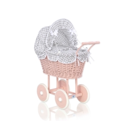Handmade Doll Pram made of Powder Pink Wicker and Wood White Gray Checkered