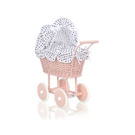 Handmade Doll Pram made of Powder Pink Wicker and Wood White with Black Dots Bedding Set