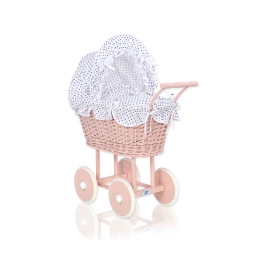 Handmade Doll Pram made of Powder Pink Wicker and Wood White with Navy Blue Dots Bedding Set