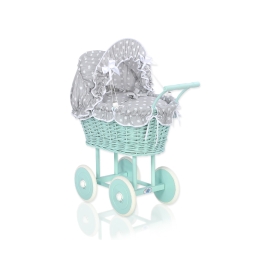 Handmade Doll Stroller made of Mint Wicker and Wood Bedding Set White Dots on Gray