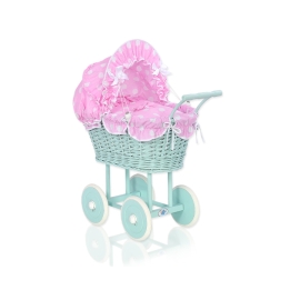 Handmade Doll Stroller made of Mint Wicker and Wood Pink with Big White Dots Bedding Set