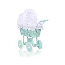 Handmade Doll Stroller made of Mint Wicker and Wood White Bedding Set