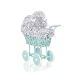 Handmade Doll Stroller made of Mint Wicker and Wood White Gray Checkered
