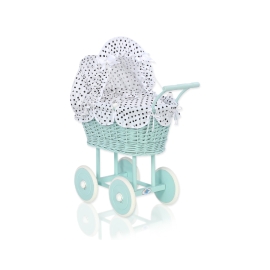 Handmade Doll Stroller made of Mint Wicker and Wood White with Black Dots Bedding Set