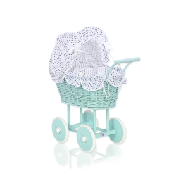Handmade Doll Stroller made of Mint Wicker and Wood White with Navy Blue Dots Bedding Set