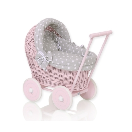 Handmade New Retro Pink Wicker Doll Pram Bedding Set White Dots on Gray