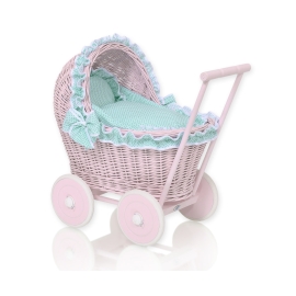Handmade NewVintage Style Pink Wood and Wicker Doll Pram -1034