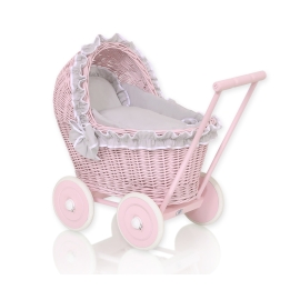 Handmade NewVintage Style Pink Wood and Wicker Doll Pram -523