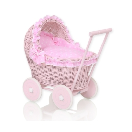 Handmade NewVintage Style Pink Wood and Wicker Doll Pram  Bedding Set White Dots on Pink