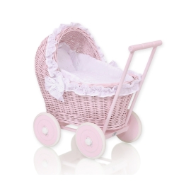 Handmade NewVintage Style Pink Wood and Wicker Doll Pram White Bedding Set