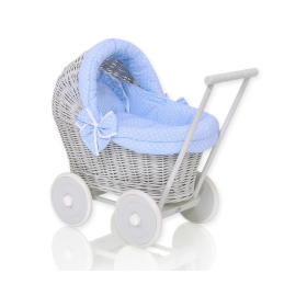 Handmade Retro Style Gray Wicker Doll Carriage Bedding Set White Dots on Blue