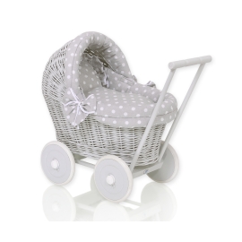 Handmade Retro Style Gray Wicker Doll Carriage Bedding Set White Dots on Gray