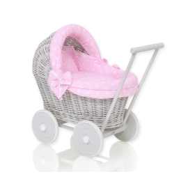Handmade Retro Style Gray Wicker Doll Carriage  Bedding Set White Dots on Pink
