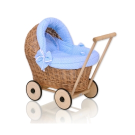 Handmade Retro Style Natural Wicker Stroller for Dolls Bedding Set White Dots on Blue