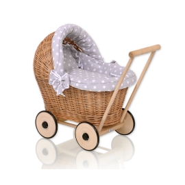 Handmade Retro Style Natural Wicker Stroller for Dolls  Bedding Set White Dots on Gray