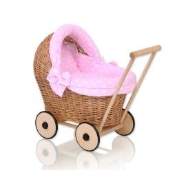 Handmade Retro Style Natural Wicker Stroller for Dolls  Bedding Set White Dots on Pink