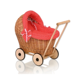 Handmade Retro Style Natural Wicker Stroller for Dolls Red with White Dots