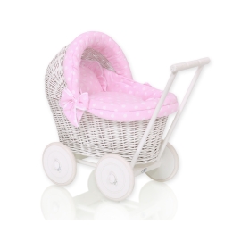 Handmade Retro Style White Wicker Doll Pram  Bedding Set White Dots on Pink