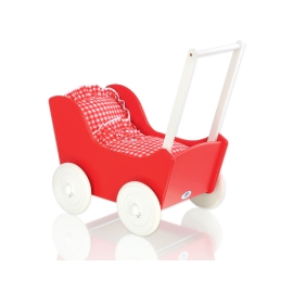 Handmade Wooden Carriage Doll Pram Red Red Check Bedding
