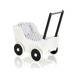 Handmade wooden Doll pram Black White White with Black Dots Bedding Set