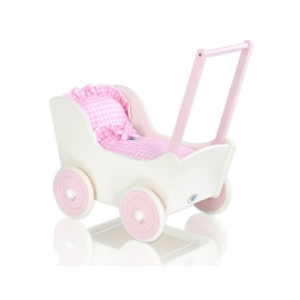 Handmade Wooden Doll's Pram White with Pink Pink White Checkered Bedding Set