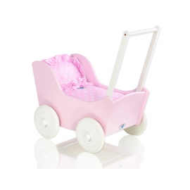 Handmade Wooden Pink Pram for Dolls Bedding Set White Dots on Pink
