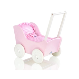 Handmade Wooden Pink Pram for Dolls Pink White Checkered Bedding Set