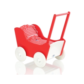 Handmade Wooden Stroller Doll Pram Red White Red Check Bedding