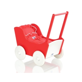 Handmade Wooden Stroller Doll Pram Red White Red with White Dots