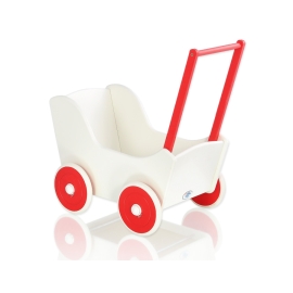 Handmade Wooden Stroller Doll Pram White with Red