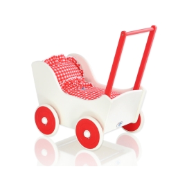 Handmade Wooden Stroller Doll Pram White with Red Red Check Bedding