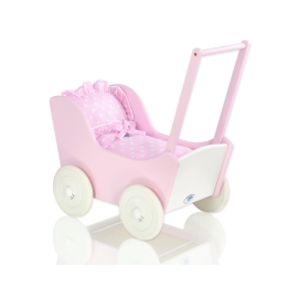 Handmade Wooden Stroller for Dolls Pink White Bedding Set White Dots on Pink