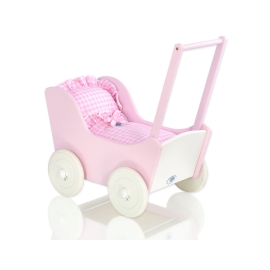 Handmade Wooden Stroller for Dolls Pink White Pink White Checkered Bedding Set