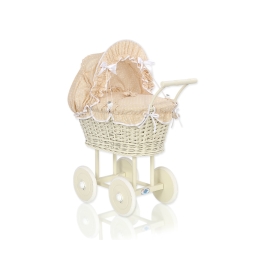 Ivory Wicker Doll Pram Stroller Retro Style Bedding Set in Beige with White Dots