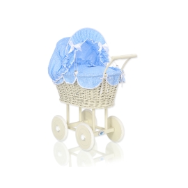 Ivory Wicker Doll Pram Stroller Retro Style Bedding Set White Dots on Blue