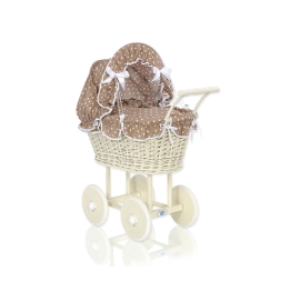 Ivory Wicker Doll Pram Stroller Retro Style Bedding Set White Dots on Brown