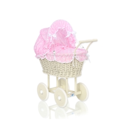 Ivory Wicker Doll Pram Stroller Retro Style Bedding Set White Dots on Pink