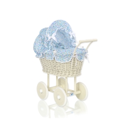Ivory Wicker Doll Pram Stroller Retro Style Blue Flowers Bedding Set
