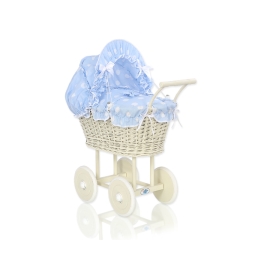 Ivory Wicker Doll Pram Stroller Retro Style Blue with Big White Dots