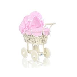 Ivory Wicker Doll Pram Stroller Retro Style Pink Bedding with White Dots