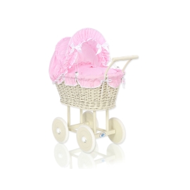 Ivory Wicker Doll Pram Stroller Retro Style Pink checkered Bedding