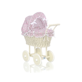 Ivory Wicker Doll Pram Stroller Retro Style Pink Flowers Bedding Set