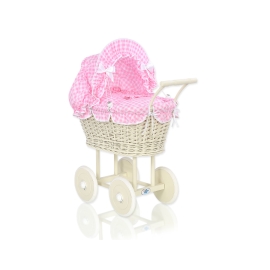 Ivory Wicker Doll Pram Stroller Retro Style Pink White Checkered Bedding Set