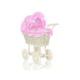 Ivory Wicker Doll Pram Stroller Retro Style Pink with Big White Dots Bedding Set