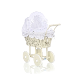 Ivory Wicker Doll Pram Stroller Retro Style White Bedding Set