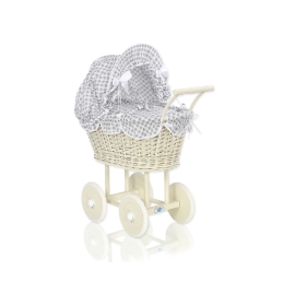 Ivory Wicker Doll Pram Stroller Retro Style White Gray Checkered