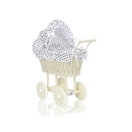 Ivory Wicker Doll Pram Stroller Retro Style White with Black Dots Bedding Set