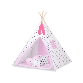 MEGA SET: Kids Teepee tent + playmat + pillows + decorative feathers- Black Stars/pink