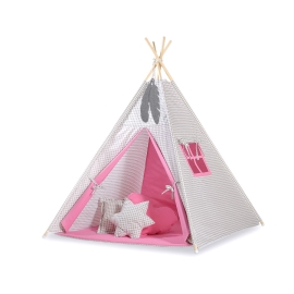 MEGA SET: Kids Teepee tent + playmat + pillows + decorative feathers FREE!- Gray checkered-pink