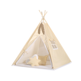 MEGA SET: Kids Teepee tent + playmat + pillows + decorative feathers FREE!- White dots on beige